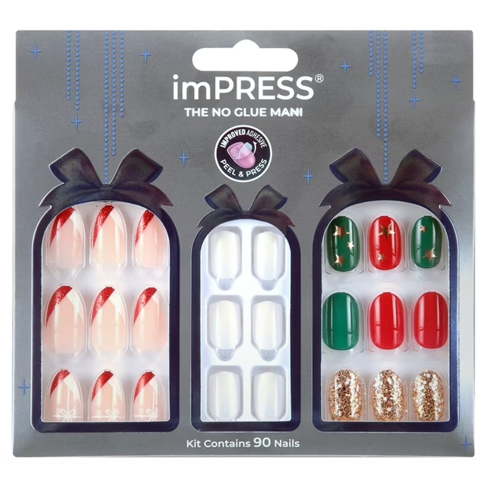 KISS imPRESS Press on Nails Delight Gift Set 90 Nails,Green White Red Gold Multi